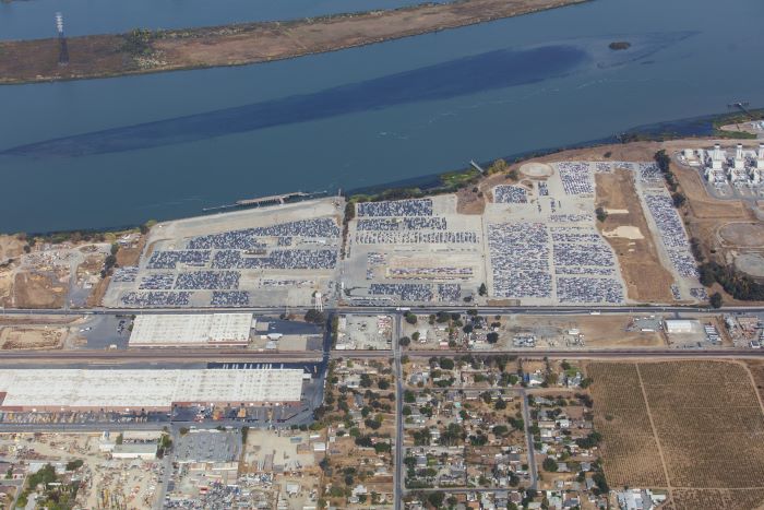 Wide aerial view of Amports' storage facility in Antioch