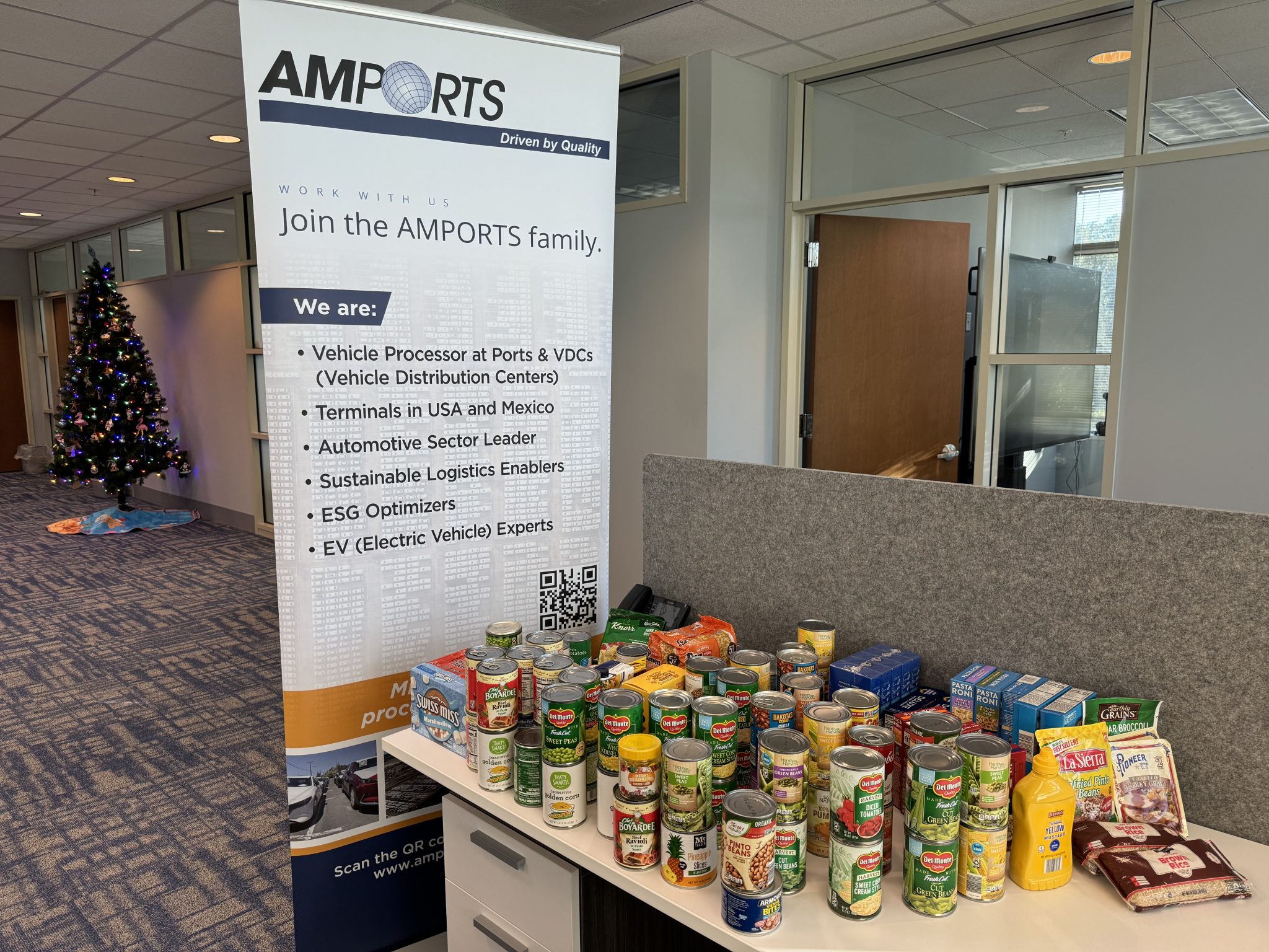 Collection of canned and packaged food donations arranged on a counter