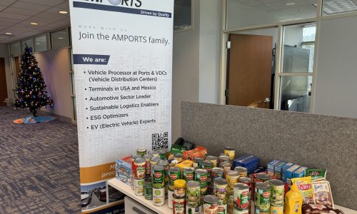 Collection of canned and packaged food donations arranged on a counter